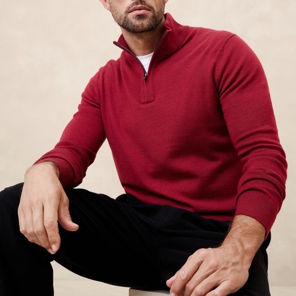 Pure 100% Merino Wool Oversized Slouchy Deep Red Half Zip Preppy Sweater - Picture 1 of 9